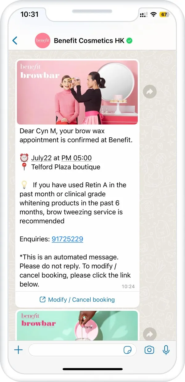 A WhatsApp conversation between a customer and Benefit Cosmetics
