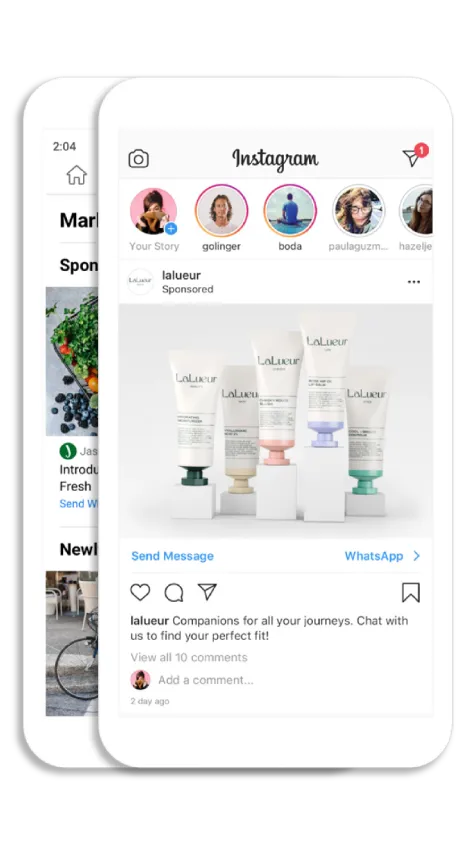 Two smartphones layered over each other. The phone in front is displaying an Instagram feed with a sponsored ad from lalueur.