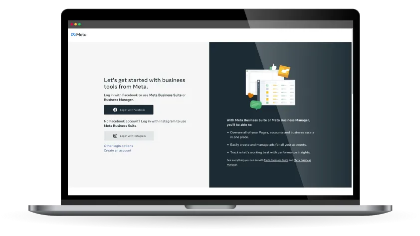 MacBook screen displaying how to get started with business tools from Meta