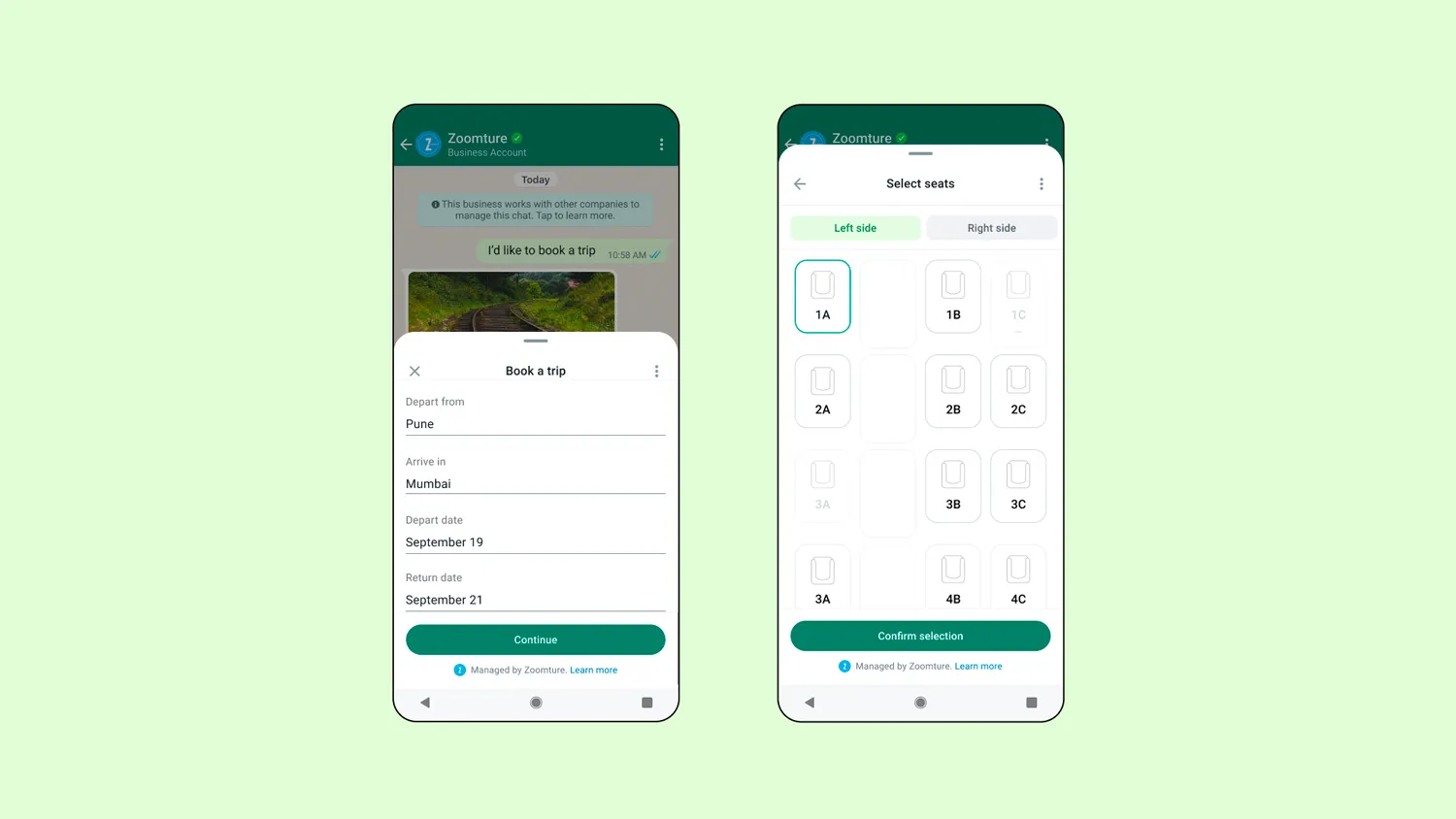 Two phones displaying a WhatsApp chat with Zoomture. The first phone shows booking a trip to Mumbai and the second phone shows a seat map of the plane.