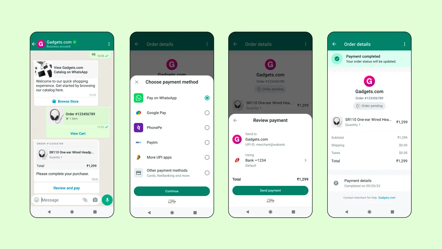 Four phones displaying WhatsApp chats with Gadgets.com. The first phone shows a customer ordering headphones. The second phone shows the payment method options with "Pay on WhatsaApp" selected. The third phone shows the payment review and the fourth phone shows the order details.