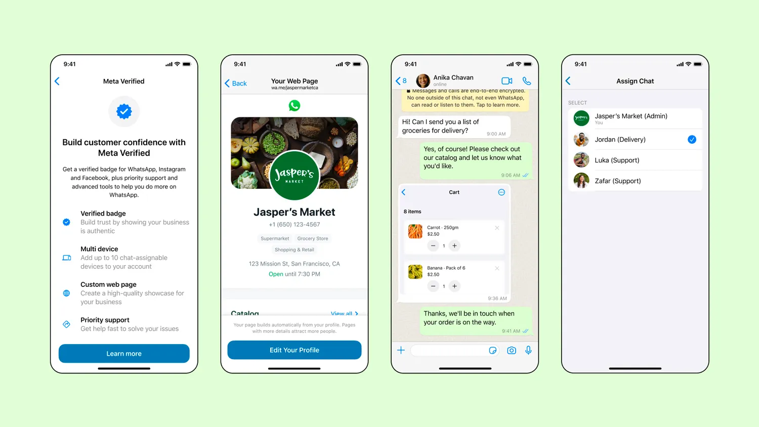 Four phones displaying Jasper's Market as a verified business on WhatsApp. The first phone shows the Meta verification page. The second phone shows Jasper's Market web page. The third phone shows a chat between Anika and Jasper's Market about their grocery delivery. The fourth phone shows the delivery being assigned to Jordan.