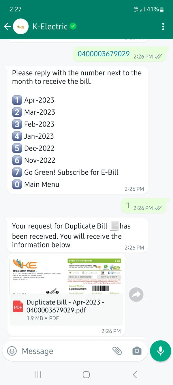 Uma conversa no WhatsApp Business com a K-Electric mostrando o menu de autoatendimento do WhatsApp