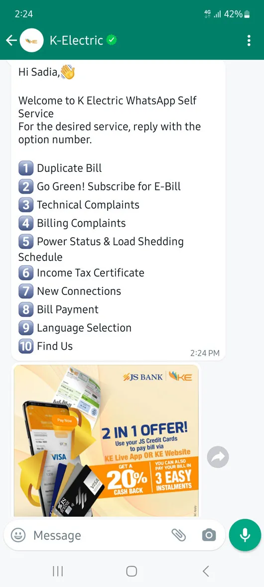 Sebuah chat bisnis WhatsApp bersama K-Electric yang menampilkan menu layanan mandiri WhatsApp