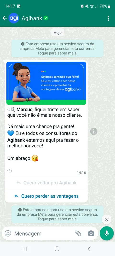A WhatsApp business chat with Agibank