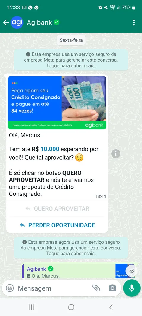 Chat comercial de WhatsApp con Agibank