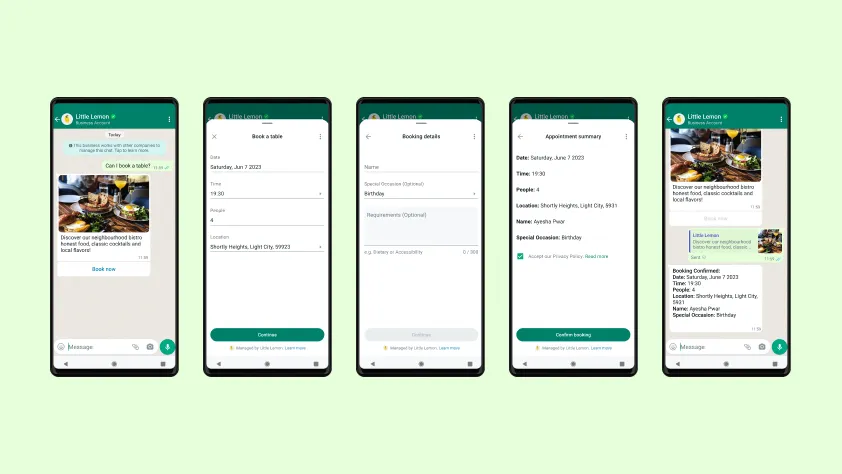WhatsApp chat between customer and Little Lemon. The customer is booking a birthday dinner reservation at Little Lemon through WhatsApp Flows..