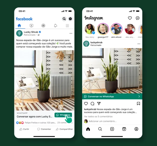 Um usuário clicando em uma publicação patrocinada do Facebook, o que o direciona para uma conversa no WhatsApp