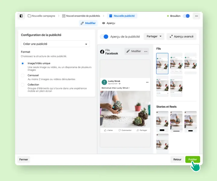Une personne en train de sélectionner Publier sur la publicité qu’elle vient de créer