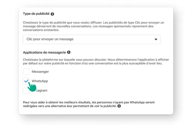 Une personne en train de sélectionner WhatsApp sous Applications de messagerie