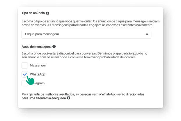 Um usuário selecionando o WhatsApp em Apps de mensagens