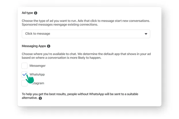 Un usuario selecciona “WhatsApp” en “Apps de mensajes”