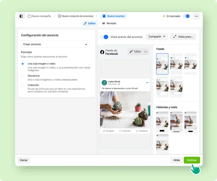 Un usuario selecciona “Publicar” en el anuncio recientemente creado