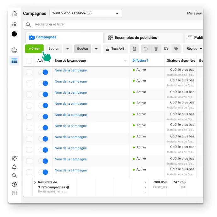 Une personne sur la page du Gestionnaire de publicités. Elle clique sur le bouton Créer