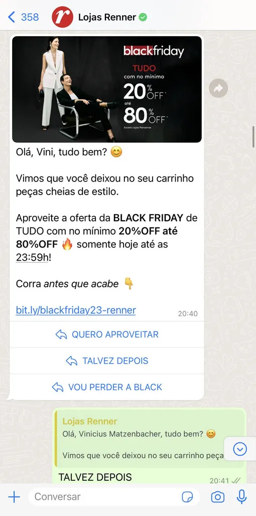Uma conversa do WhatsApp Business com a Lojas Renner