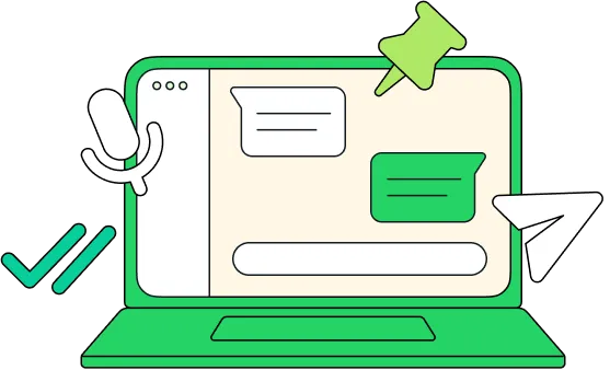 máy tính để bàn hiển thị các bong bóng tin nhắn màu xanh lá, minh họa WhatsApp cho máy tính