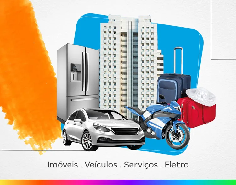 Un surtido de artículos, incluidos un automóvil, una motocicleta, equipajes, electrodomésticos y un edificio