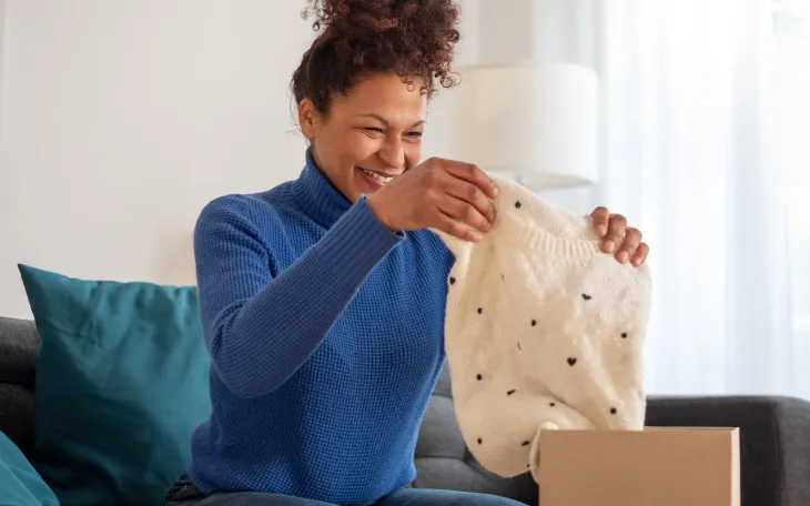 Person unboxing a clothing package after placing the order through WhatsApp next to illustration of phone and person
