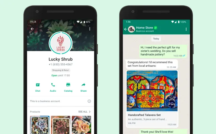 Phone displaying the Lucky Shrub business page and other phone displaying customer messaging Home Store for gift through WhatsApp
