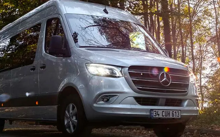Silver Mercedes Benz van shown in the forrest