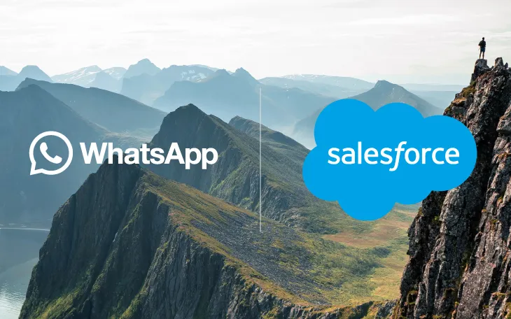 WhatsApp and Salesforce logos side by side overlaying a mountain view
