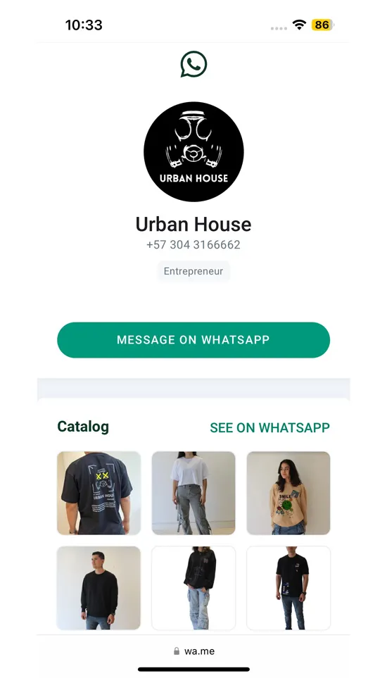 Perfil da UrbanHouse no WhatsApp Business com o catálogo