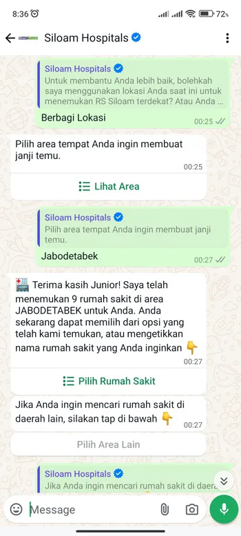 Sebuah percakapan WhatsApp Business dengan Rumah Sakit Siloam