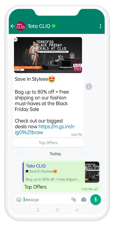 Tata CliQ's personalized promotions for opted-in customers using the WhatsApp Business Platform.