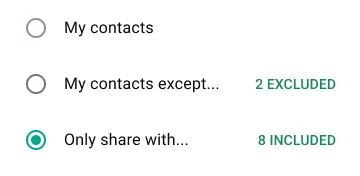 пример за тоа како да споделиш статус само со одредени луѓе на WhatsApp