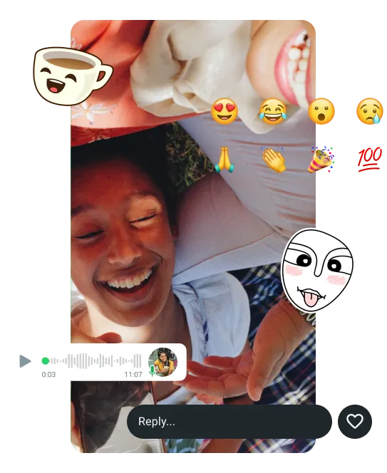 two friends laughing with whatspp status features such as voice notes stickers and gifs being shown