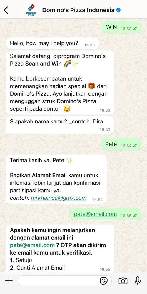 Interacción personal con Domino’s Pizza Indonesia a través de WhatsApp