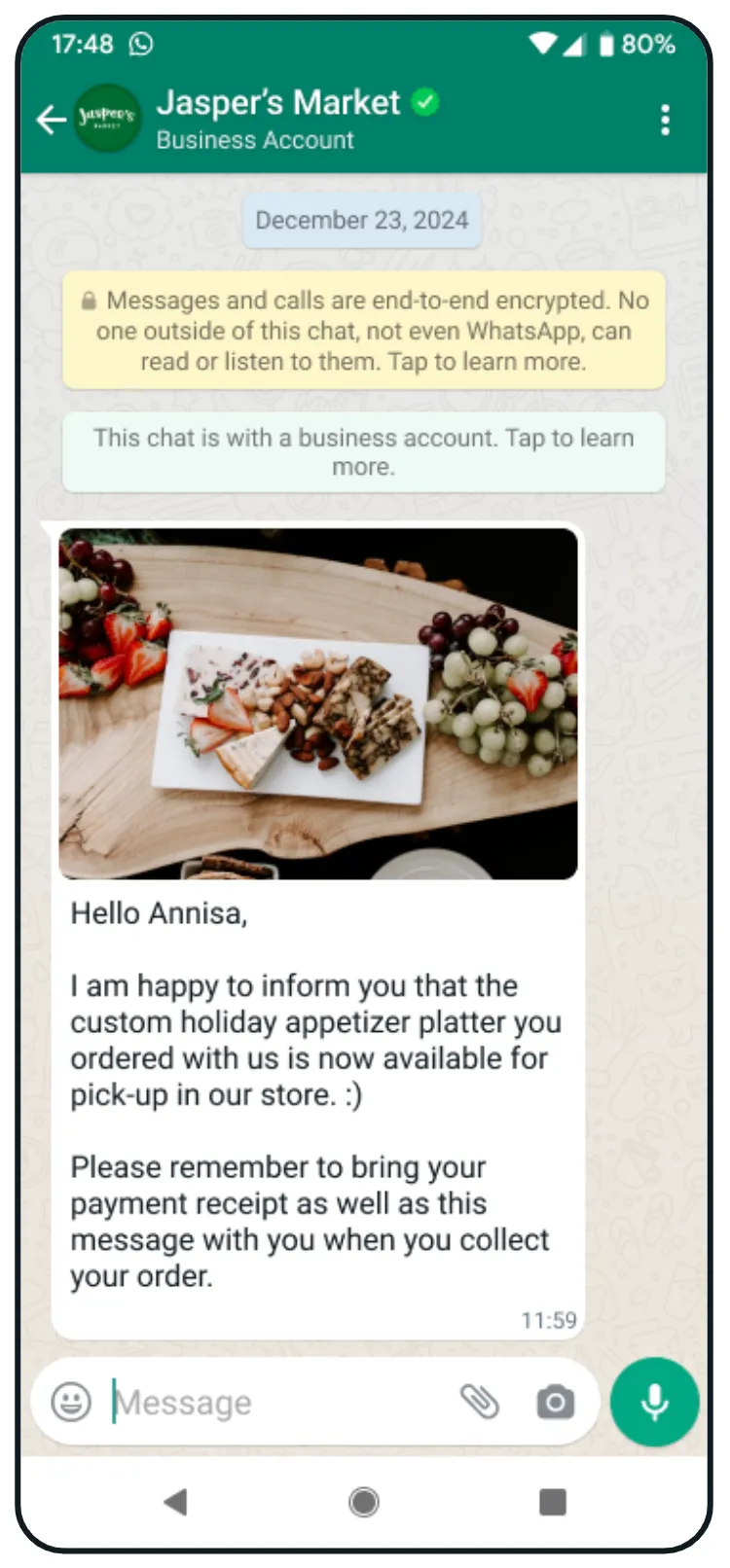 WhatsApp conversation between a user named Annisa and Jasper's Market
