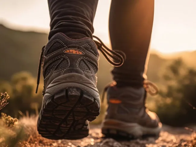 Gros plans sur les pieds d’une personne portant des chaussures de randonnée dans la nature