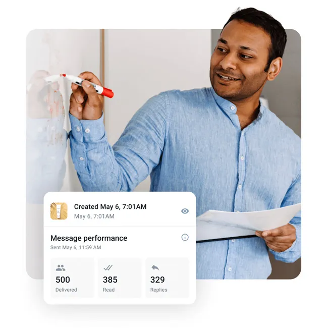 Una persona escribe en una pizarra. Se muestran también unas estadísticas sobre el rendimiento de la estrategia de mensajes.