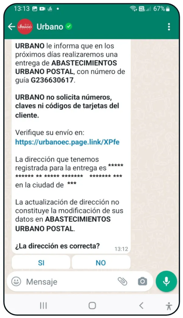 A conversation between Urbano and a customer on WhatsApp
