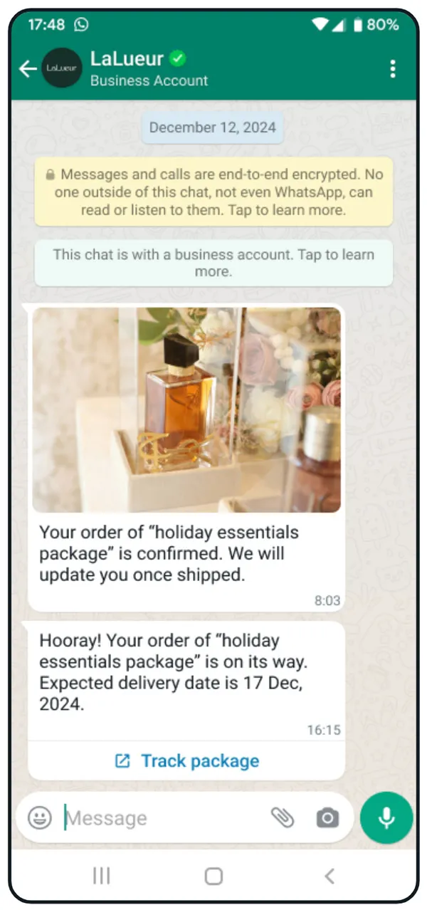Conversation between a customer and LaLueur on WhatsApp