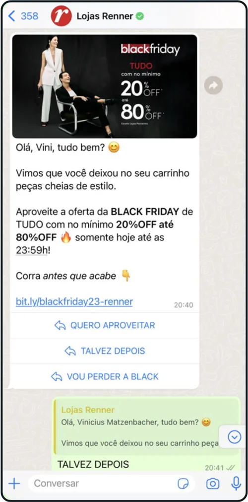 A conversation between a user and Lojas Renner in WhatsApp