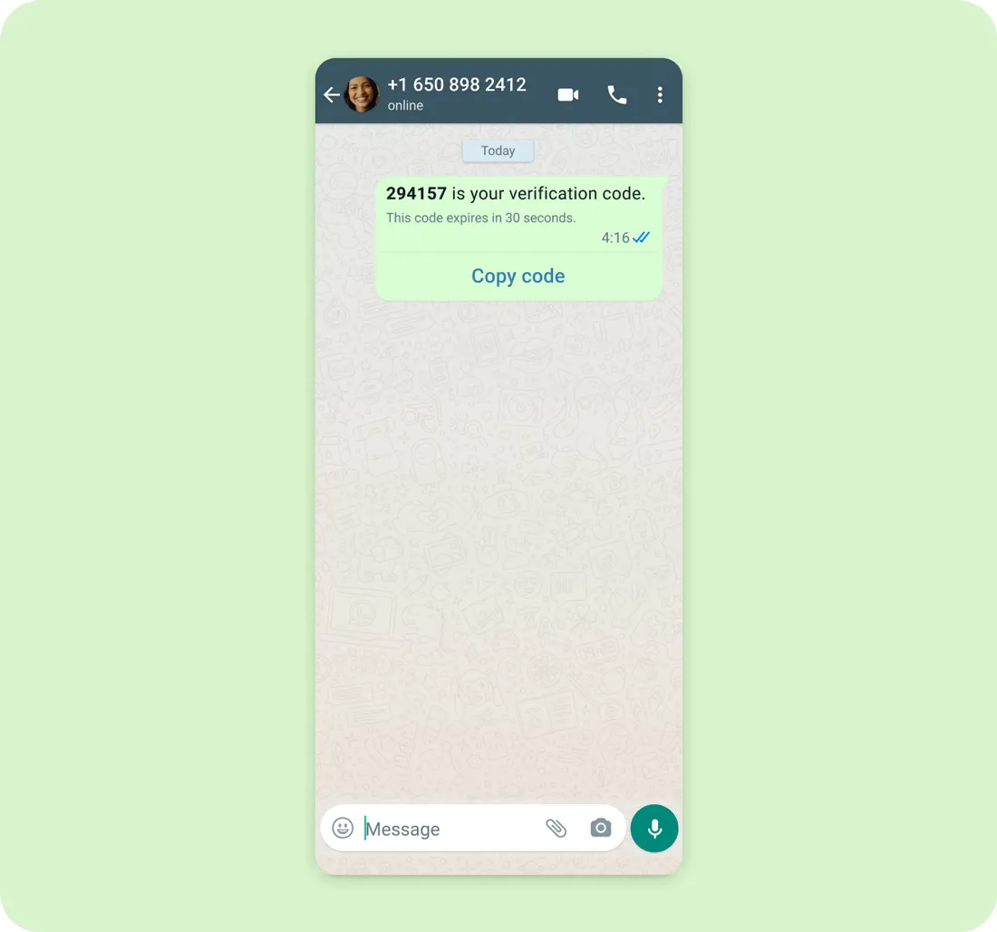 A WhatsApp Business verification code in a conversation