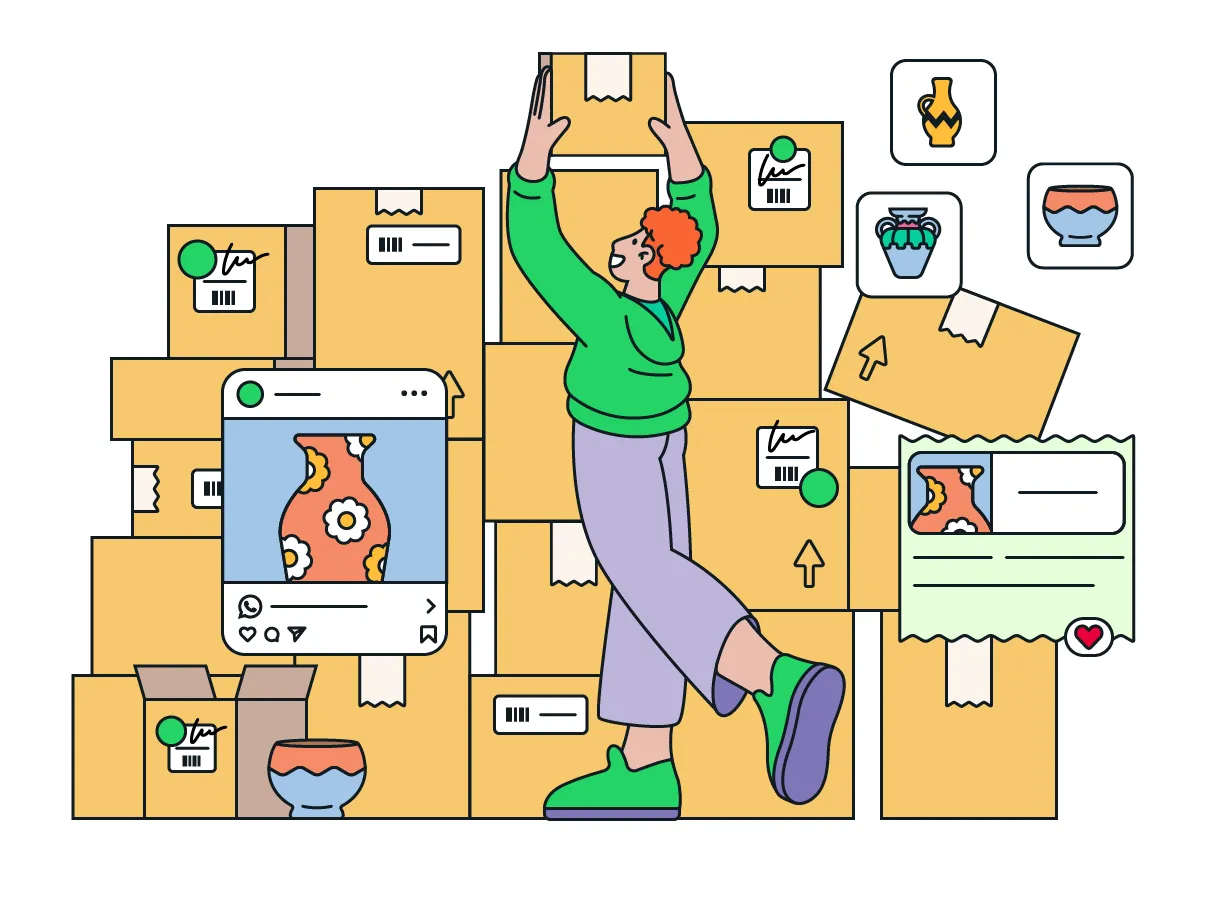 A man stacking boxes containing various goods that he is selling