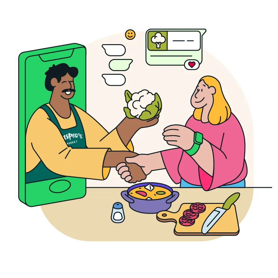 Animation d’un chef d’entreprise sortant d’un téléphone portable pour serrer la main d’un membre de sa clientèle