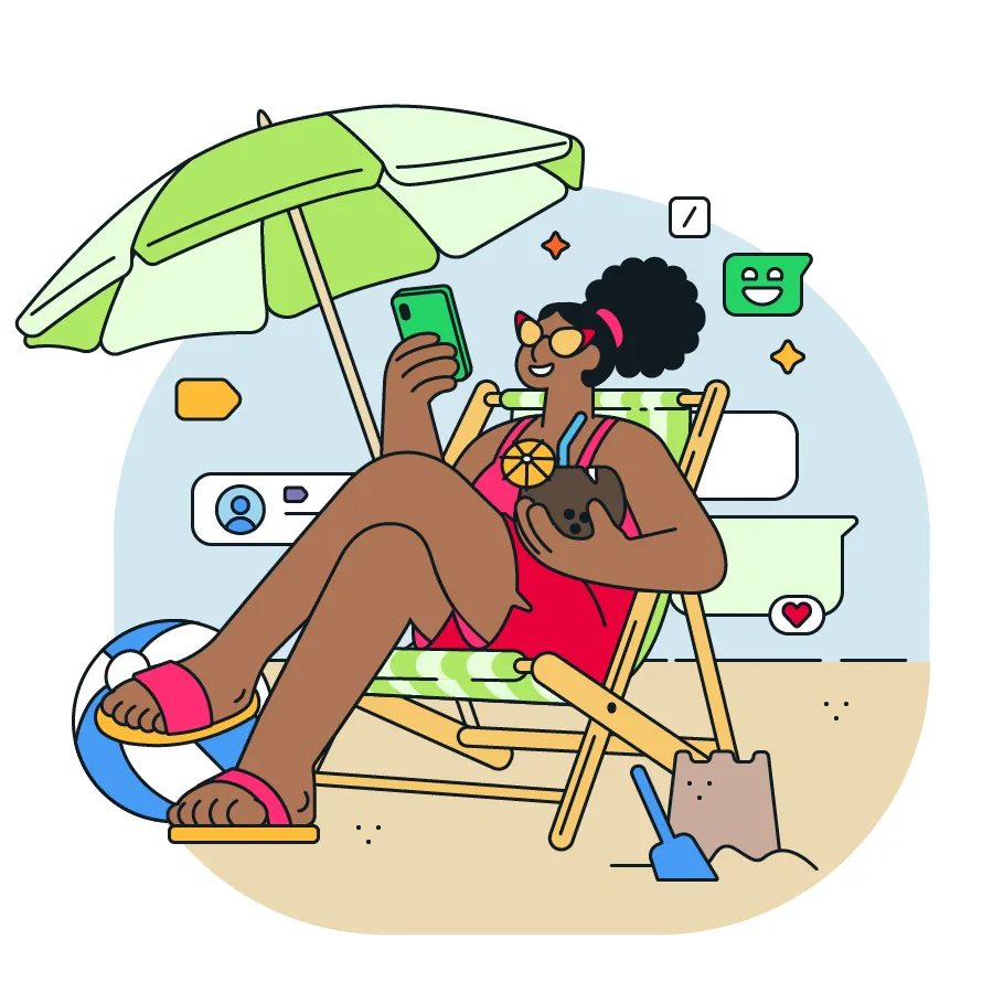 Animación de una mujer en la playa mirando su teléfono y sonriendo