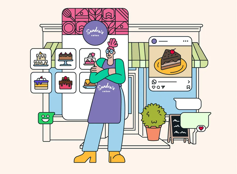 Seorang pemilik bisnis animasi sedang berdiri di depan etalasenya dengan iklan digital di belakangnya