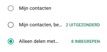 voorbeeld van hoe je je status met alleen bepaalde mensen deelt op whatsapp