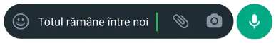 text afișat ca bulă în whatsapp cu mesajul rămâne între noi pentru a evidenția funcțiile de control și confidențialitate