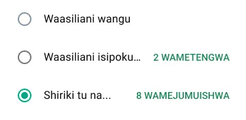 mfano wa jinsi ya kushiriki hali ya na watu fulani pekee kwenye whatsapp