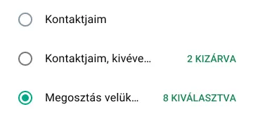 példa arra, hogyan lehet megosztani az állapotot csak bizonyos emberekkel a whatsappon