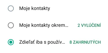 príklad zdieľania statusu v aplikácii whatsapp iba s konkrétnymi osobami