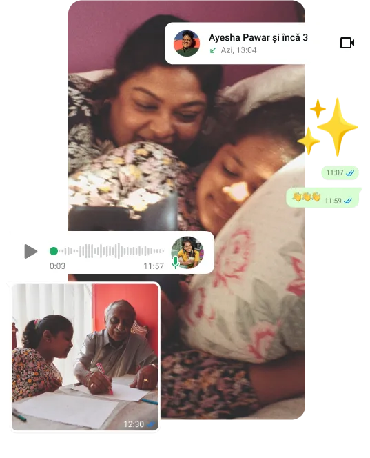 Captură de ecran cu o familie care folosește WhatsApp pentru a efectua apeluri vocale ca să țină legătura