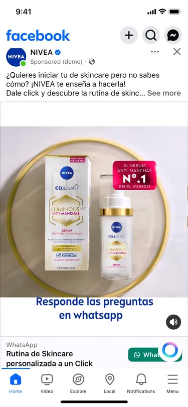 Nivea promoting Skincare Routine Advisor with a campaign of ads that click to WhatsApp