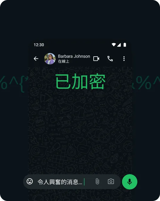 WhatsApp 應用程式顯示訊息端對端加密功能的螢幕截圖